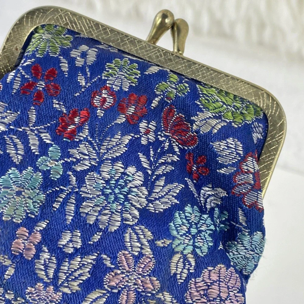 Vintage German Glass‎ Hip Flask Silver Top with Blue Floral Brocade Pouch Case
